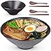 Lareina Ceramic Japanese Ramen Bowls, 2 Sets (6 Piece) 60 Ounce, Large Noodle Soup Bowl with Matching Chopsticks and Spoons for Asian Pho Udon Soba, Matting Black