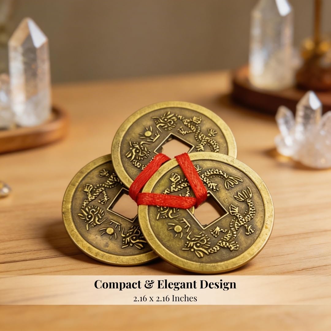 Plus Value Feng Shui Vastu Remedies Dragon Phoenix 3 Chinese Coins Set Brass Wealth, Prosperity, Money, Good Luck (Big Size) 3