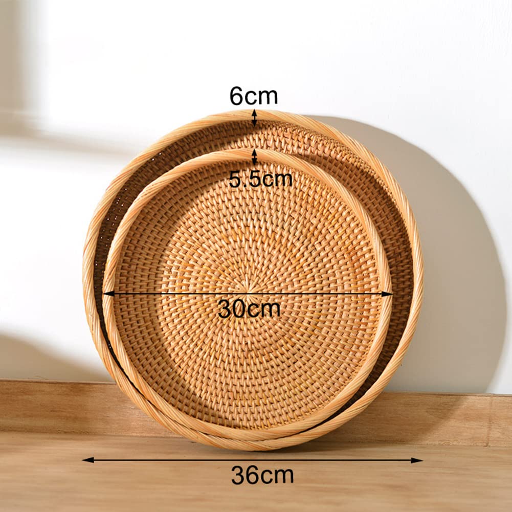 2 Stück Rund Rattan Obstkörbe, Geflochtene Brot Korb Natürlicher Aufbewahrungskörbe Eierkorb Organizer Obstplatte Picknickkorb Brotschale Obstschale für Esszimmer Küche Wohnkultur Desktop Organizer