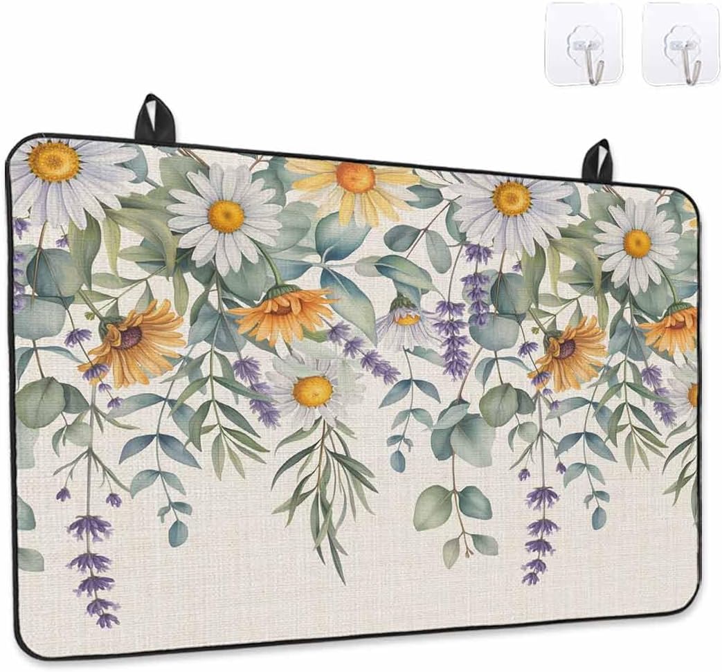 White Yellow Daisy Stove Cover for Electric Stove, Vintage Eucalyptus Leaves Lavender Spring Stove Top Cover for Glass Top, Heat Insulation Rubber Mat Foldable Cooktop Top Protector, 36"x21"