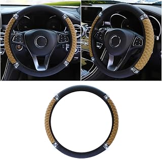 Bling Soft Leather Steering Wheel Cover, 15 Inch Colorful Rhinestones Auto Elastic Protector with Crystal Diamond for Women Girls, Car Accessories for Most Cars, SUVs (Beige)