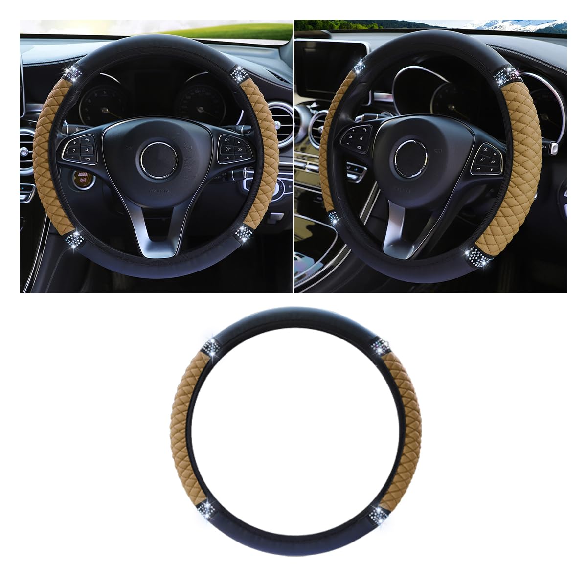 JOYCOURT 15 Inch Bling Soft Leather Car Steering Wheel Cover, Beige