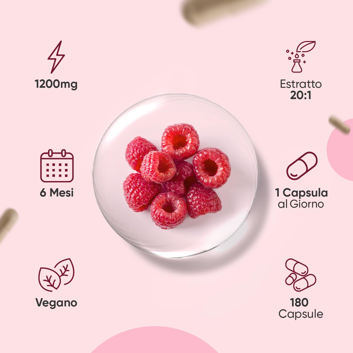 Chetoni Esogeni di Lampone Puro in 180 Capsule Vegane (6 Mesi di Fornitura), 1 al Giorno, Integratore Chetoni Estratto 20:1 (1200mg), Raspberry Ketone Pure, Privo di Magnesio Stearato, Senza Glutine