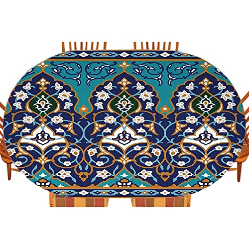 Moroccan Oval Fitted Tablecloth, Inspired Abstract Aged Middle Age Renaissance Print, For Kitchen Dining, Party, Holiday, Christmas, Buffet, Fits 48" X 68" Table, Navy Blue #TOP28