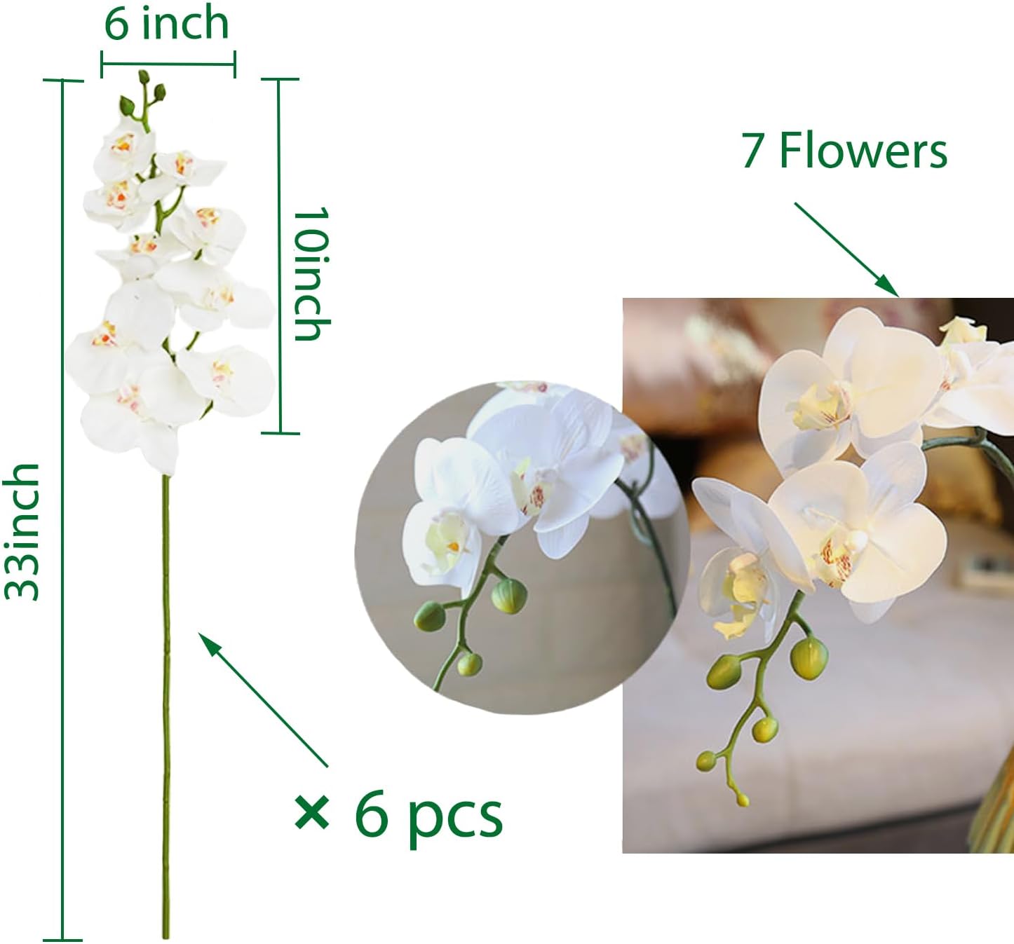 FagusHome 33" Artificial Phalaenopsis Flowers 6 Pcs Artificial Orchid Flowers Stem Plants for Home Décor (Pure White)