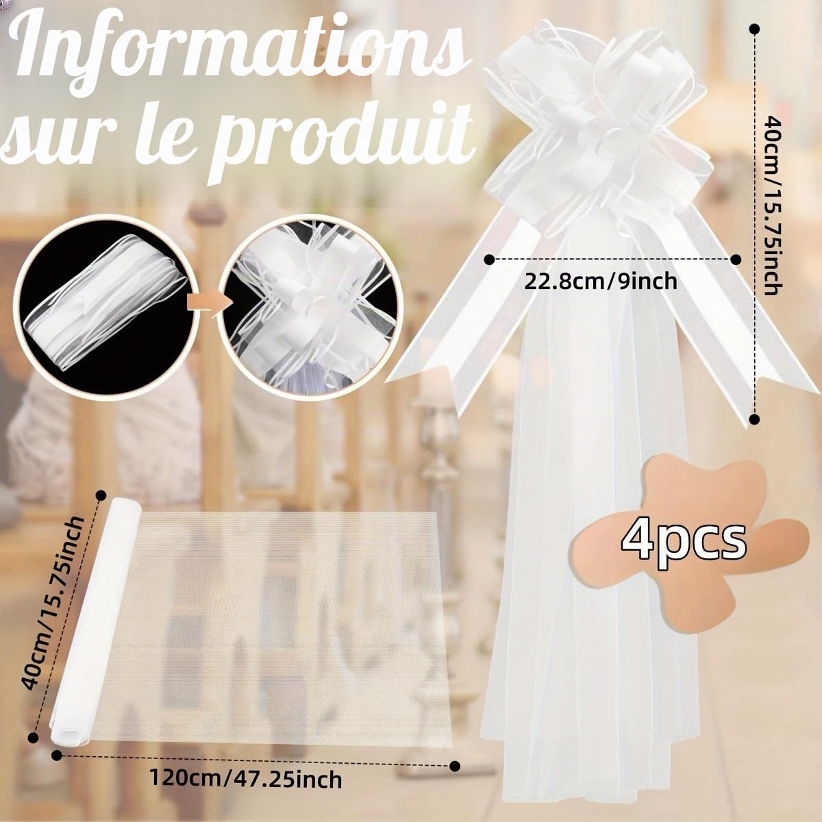 Lot de 12 nœuds de mariage avec queues en tulle - Blanc - Long nœud de chaise - Décoration de mariage - Pour fête de mariage