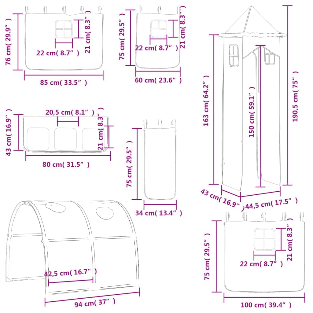 Vorhänge für Hochbett mit Tunnel und Turm Weiß Schwarz aus Polyester mit Aufbewahrungstaschen Betthimmel Zubehör für Kinderzimmer Spielspaß und sichere Befestigung am Lattenrost