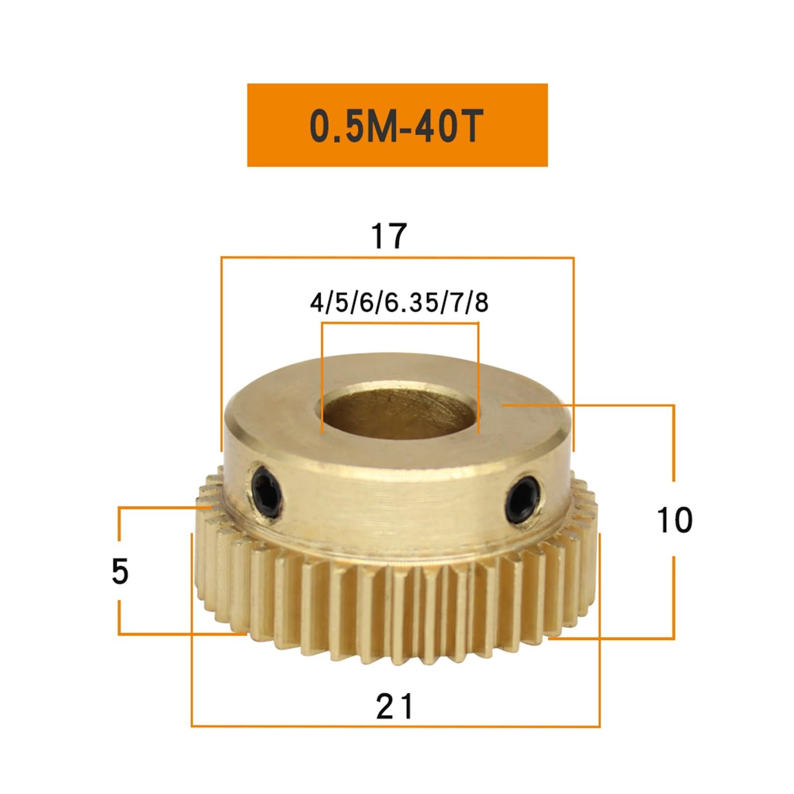 Bevel Gear Pinion Hardware Mechanical Spur Gear 0.5M-40T Bore 4/5/6/6.35/7/8mm Copper Brass Worm Gear Teeth Height 5 mm(6.35 mm)