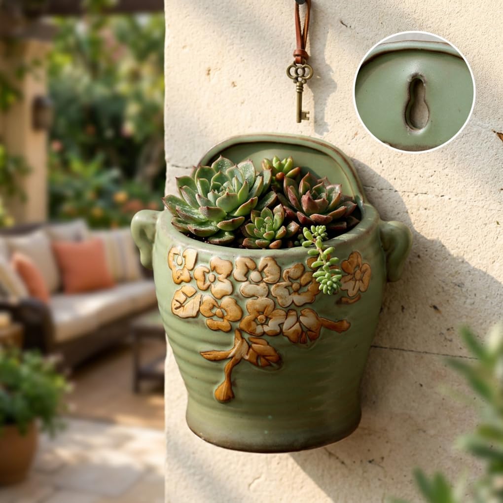 Latemeia Green Vintage Ceramic Wall Planter, Wall Hanging Planter With Retro Design For Indoor Outdoor Plants, Small Succulents Flower Pot Holder, Ceramic