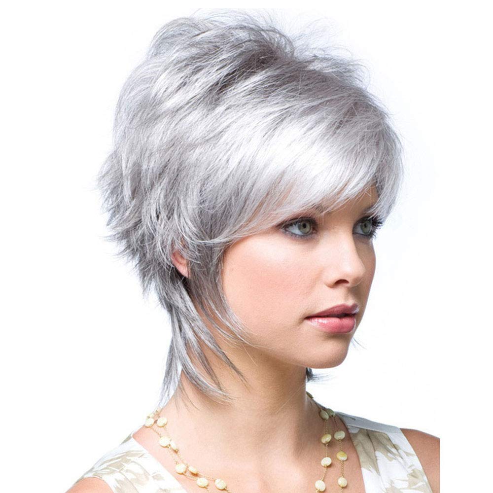 MILISI Gray Wigs for Women Short Silver Wig with Oblique Bangs Natural Cosplay Party Daily Hair Wigs for Old Lady (Silver Gray) MLS057