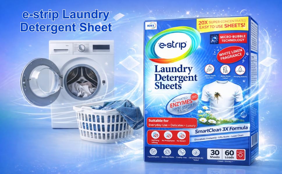 Image of eStrip SmartClean 3X Laundry Detergent Sheets - 60 Sheets, Ultra-Concentrated Eco-Friendly,Dissolves Instantly, Liquid & Pod Alternative, Works for Front & Top Load & Hand Wash, Tough Stain Removal
