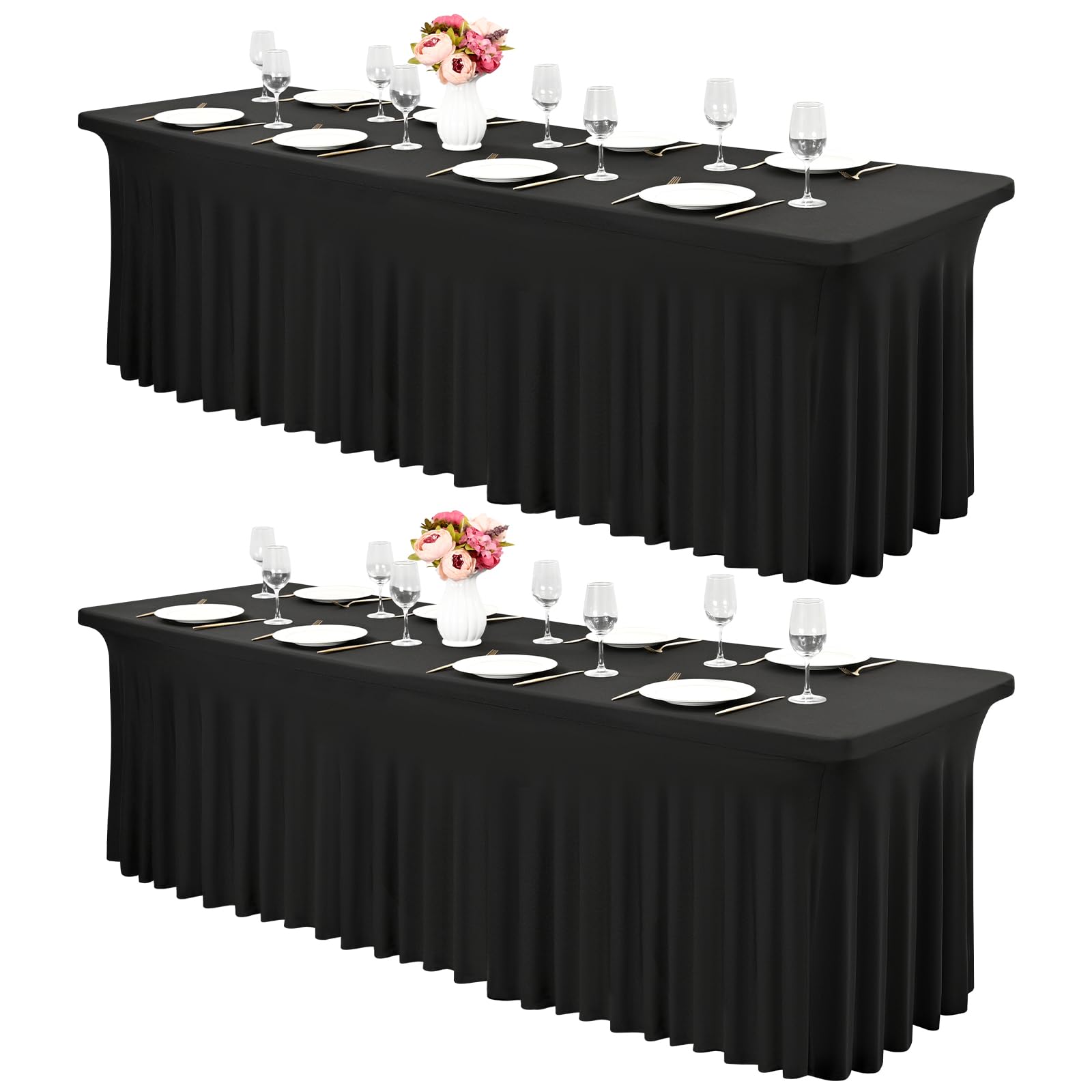 2 Pack 8Ft Spandex Table Skirts Black Stretch Tablecloth with Skirt for 8 Foot Rectangle Table, One-Piece Wrinkle Resistant Fitted Stretchable Table