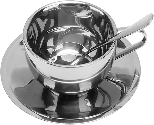 Juego de tazas de café de acero inoxidable, tazas de café de doble pared de 6.1 fl oz con platillo y cuchara, tazas aisladas para café, capuchino,