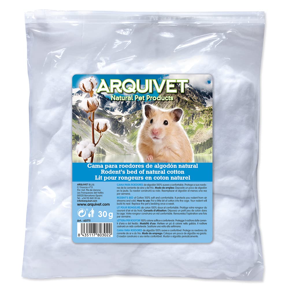 ARQUIVET Algodón Blanco para hamsters 30 gr - Algodón para cunas de hamsters - Cama Natural - Cama para hamsters Suave y cálida - Accesorios para roedores - Producto Natural