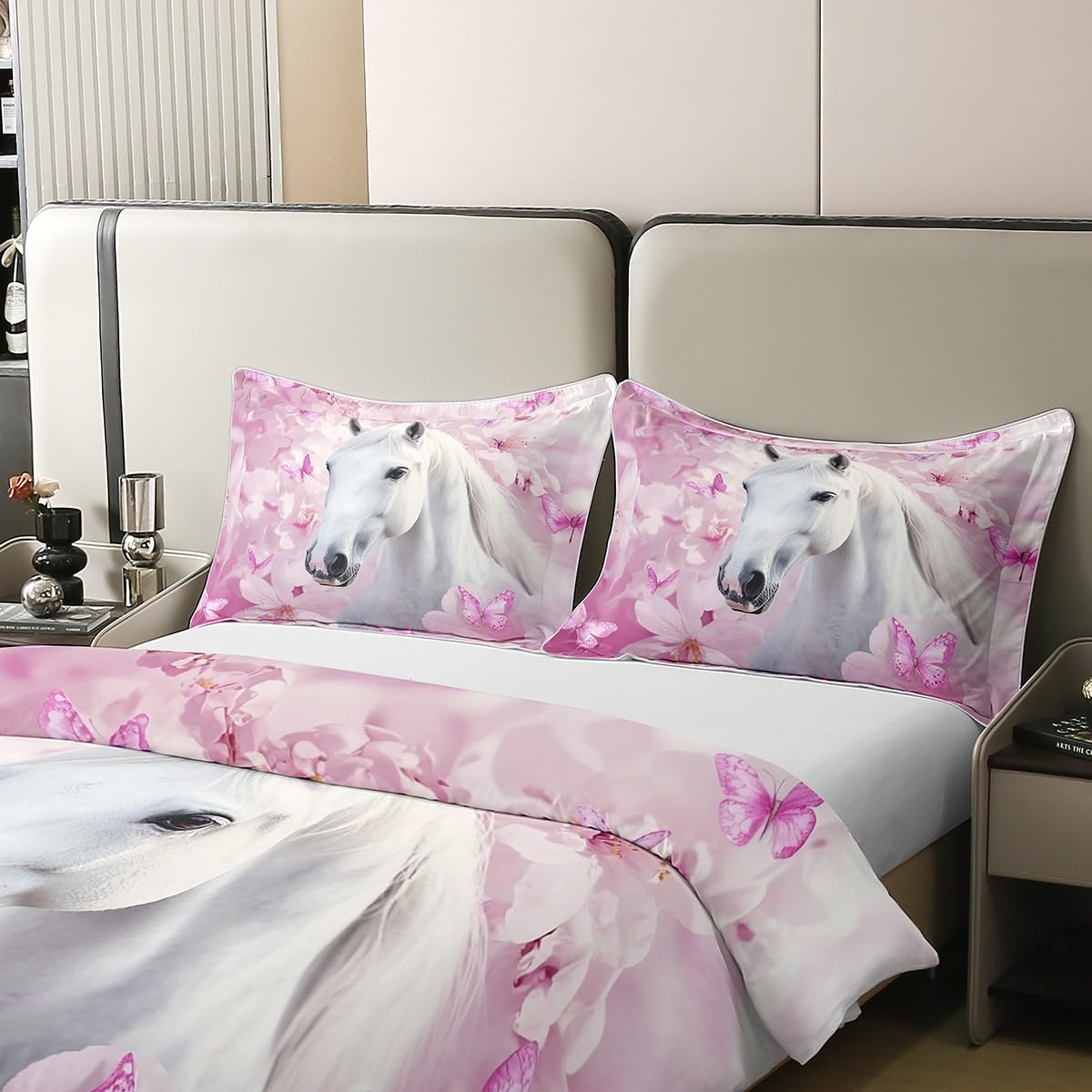 Loussiesd Juego de ropa de cama de 100% algodón, 155 x 220 cm, diseño de mariposas, juego de funda nórdica con estampado de caballos, juego de ropa de cama de princesa con diseño de animales