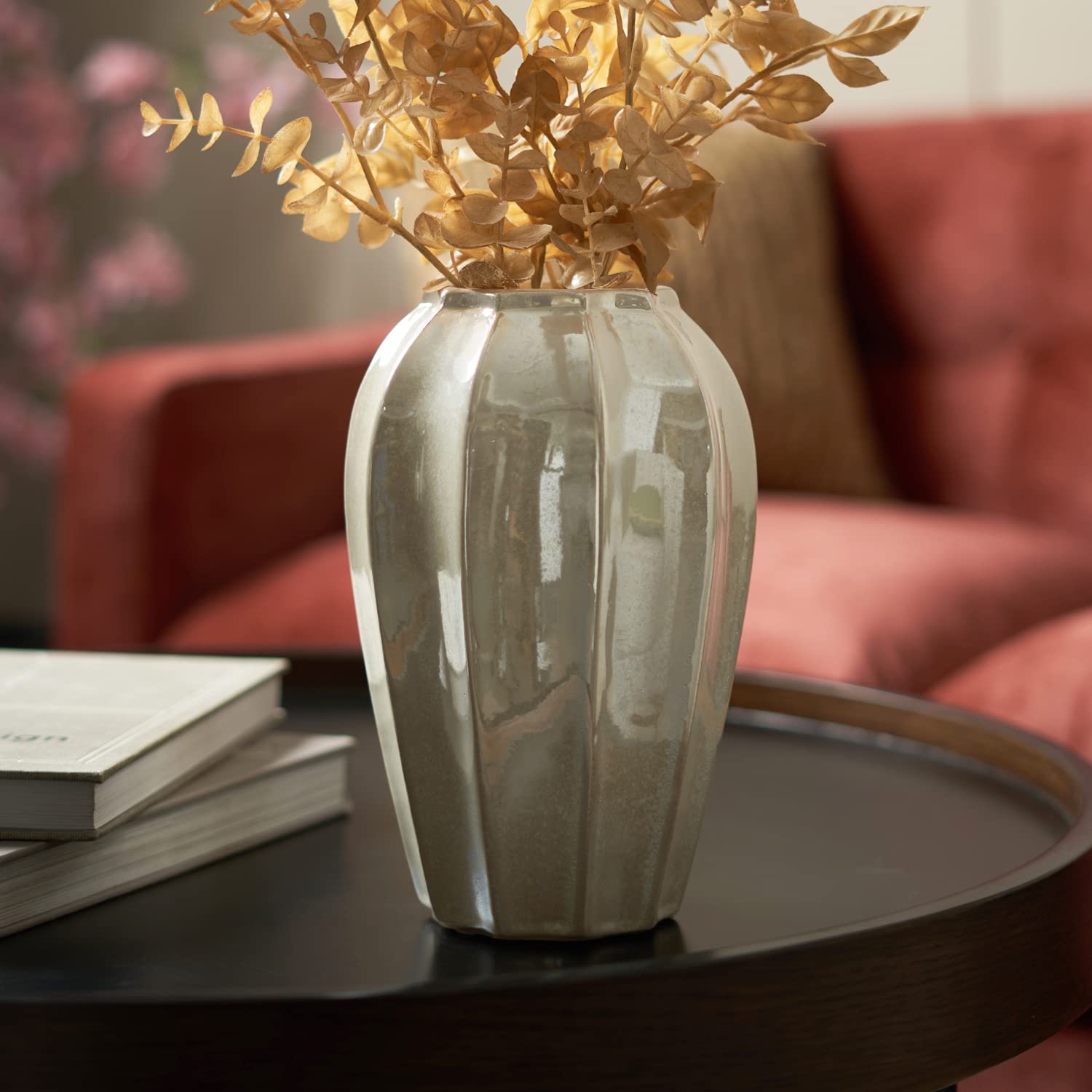 PURE HOME + LIVING Pure Home and Living Ceramic Decorative Floral Vase (21.5 cm Height, Pearl)
