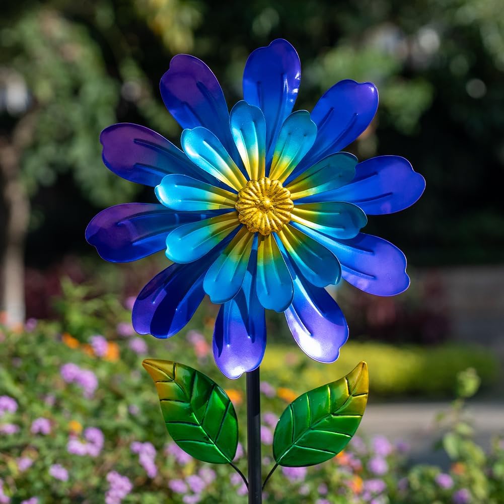 Metal Flower Wind Spinners Outdoor,Double-Layer Garden Windmill Flower Pinwheels for Yard and Garden Decorations