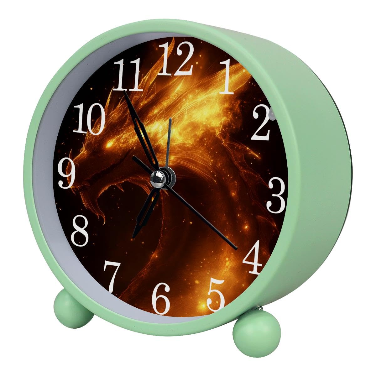 Luoweisi Alarm Clock Dragon, Silent Non-Ticking with Night Light, Round Metal Alarm Clock for Office, Battery Operated, Bedroom, Elderly, Adults, Children, Student Gifts