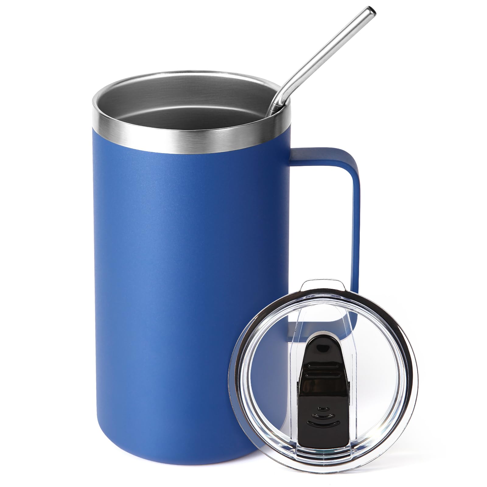 Volhoply 650ml (22oz) Insulated Coffee Mug with Lid and Straw, Stainless Steel Travel Mugs with Handle, Leak Proof Double Wall Coffee Cup for Hot and Cold Drinks (Blue,1 Pack)