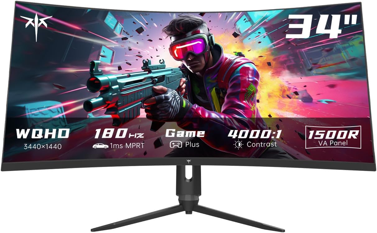 34 Inch Ultrawide Monitor, 180Hz WQHD 3440X1440 Curved Gaming Monitor, 1500R PC Monitor, HDR, FreeSync & G-Sync, HDMI, DisplayPort, VESA, Tilt Swivel Height Pivot Adjustment, H34S18S