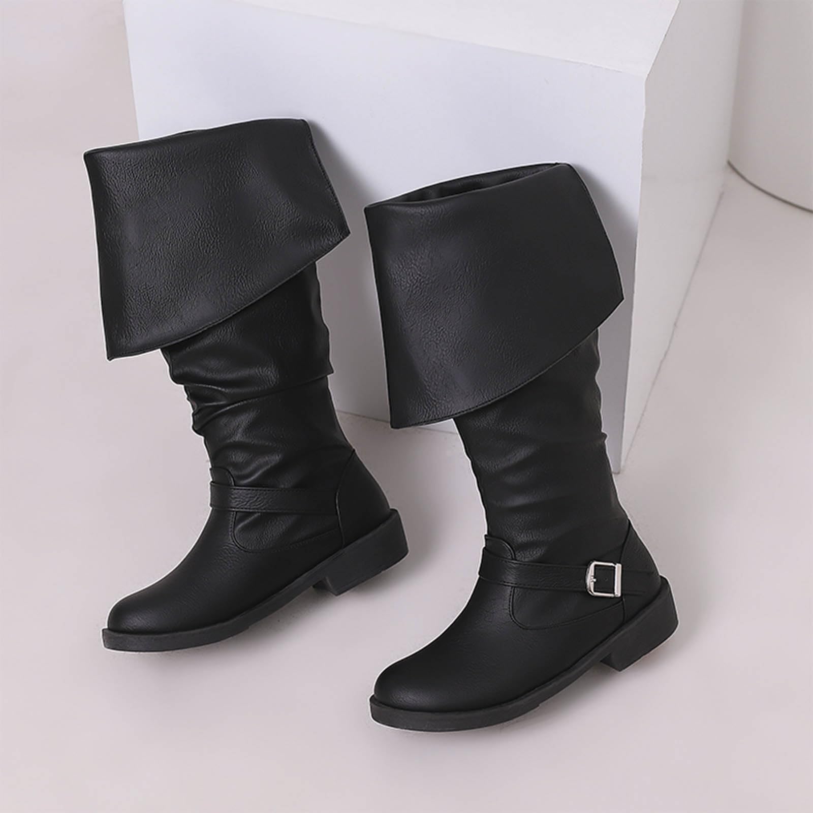 Damskie buty średniej wysokości z klapą klamrą paska, okrągłe noski, wsuwane, długie kozaki, półcholewka, eleganckie damskie buty do wody, buty zimowe