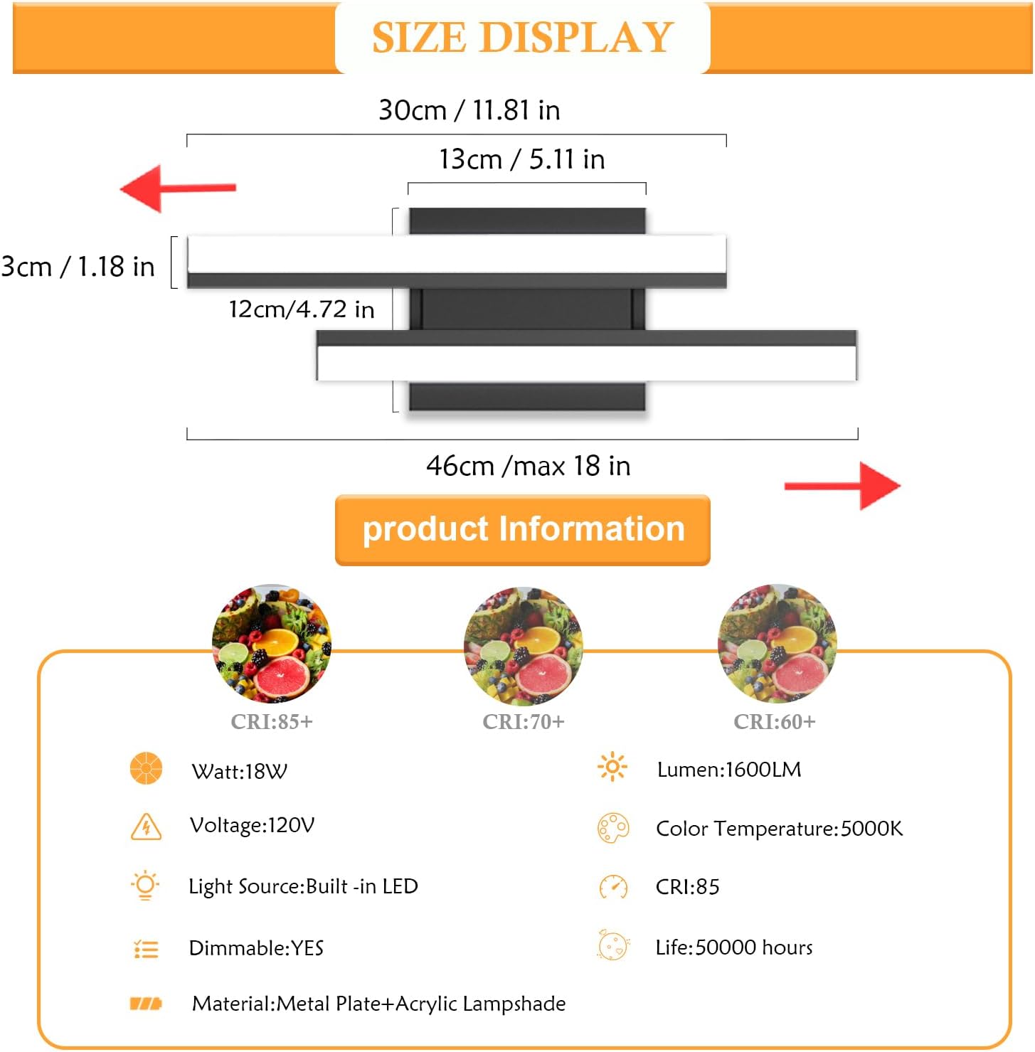 LED Bathroom Vanity Light Bar 18 Inch,Over Mirror Lighting Fixture 18W 5000K Black Bar Vanity Light for Bathroom Mirror Bedroom ETL Certificated 1 Pack