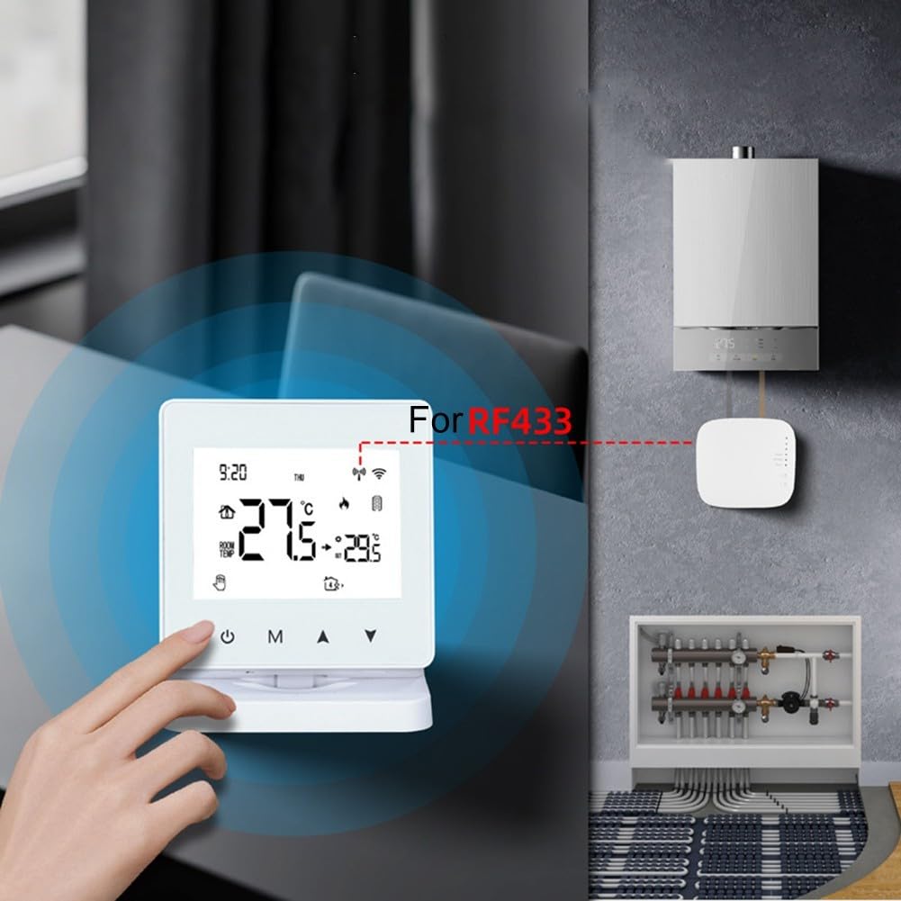 RF433 Termostato inalámbrico de calefacción por suelo para caldera de pared, 5-95 ℃ ajustable con 0,5 ℃ para precisión, manual/para modos automáticos, bloqueo infantil, blanco