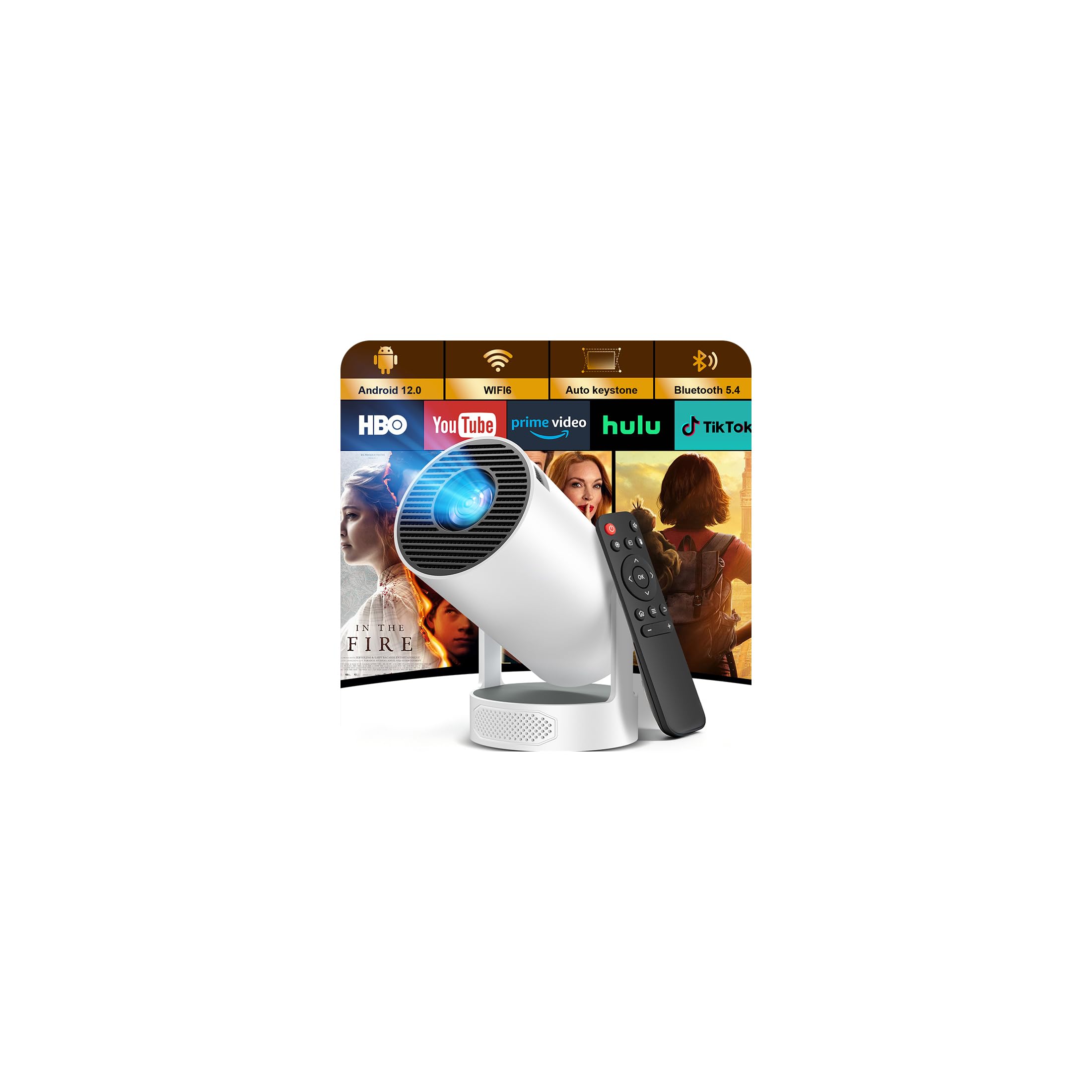 Proiettore Portatile Supporto 1080P 4K con WiFi 6 Bluetooth 5.4, Mini Proiettore Android 12.0 Altoparlante Integrato 5W con Auto Keystone e Zoom Regolabile, Rotabile 270° per Home Cinema Esterno