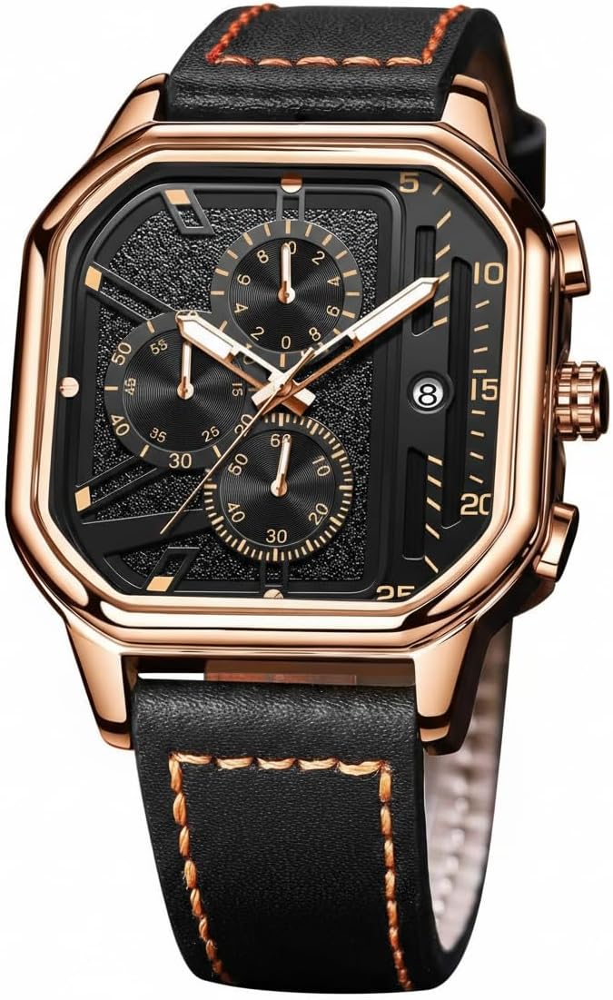 Azonee Square Watches for Men, Black Leather Strap, Analog Quartz Dress Watch, Fashion Business Watch Luminous Waterproof Casual Wrist Watches