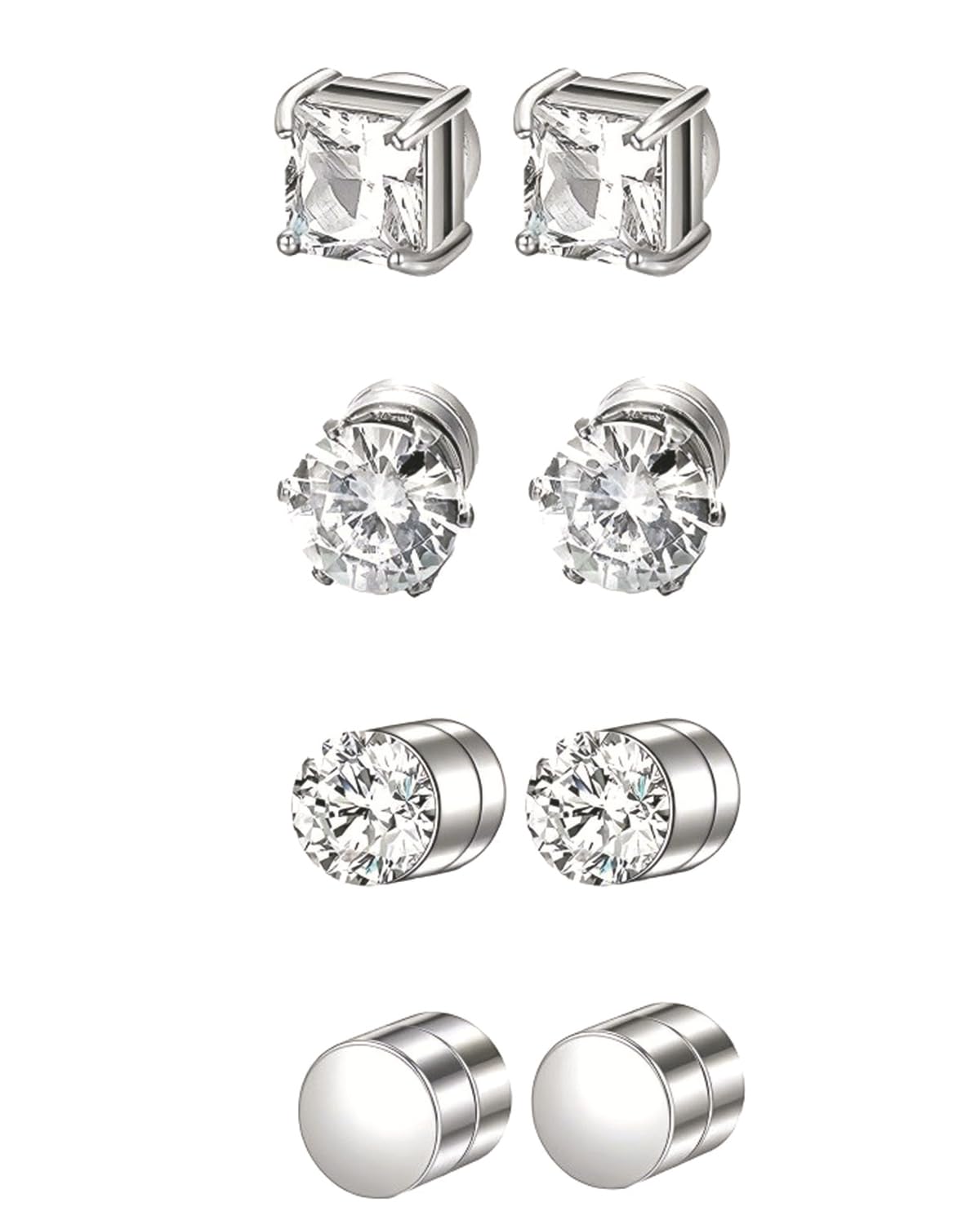 4 PCS Magnetic Earrings for Men, Non-Piercing Silver Stud Earrings Set, Round and Square CZ Design, Fashion Accessories for Work, Party, Travel