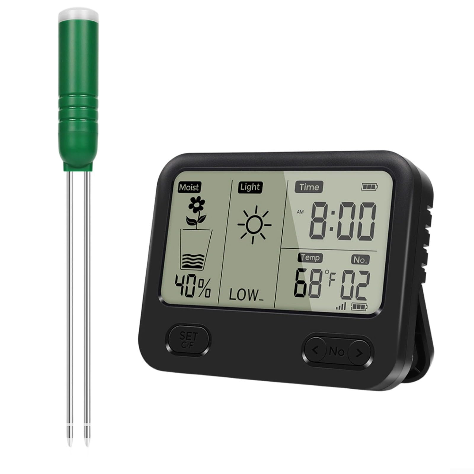 Hygromètre de sol sans fil, thermomètre numérique 4 en 1 avec mesure de la température, de la lumière et du temps, étanche IPX5