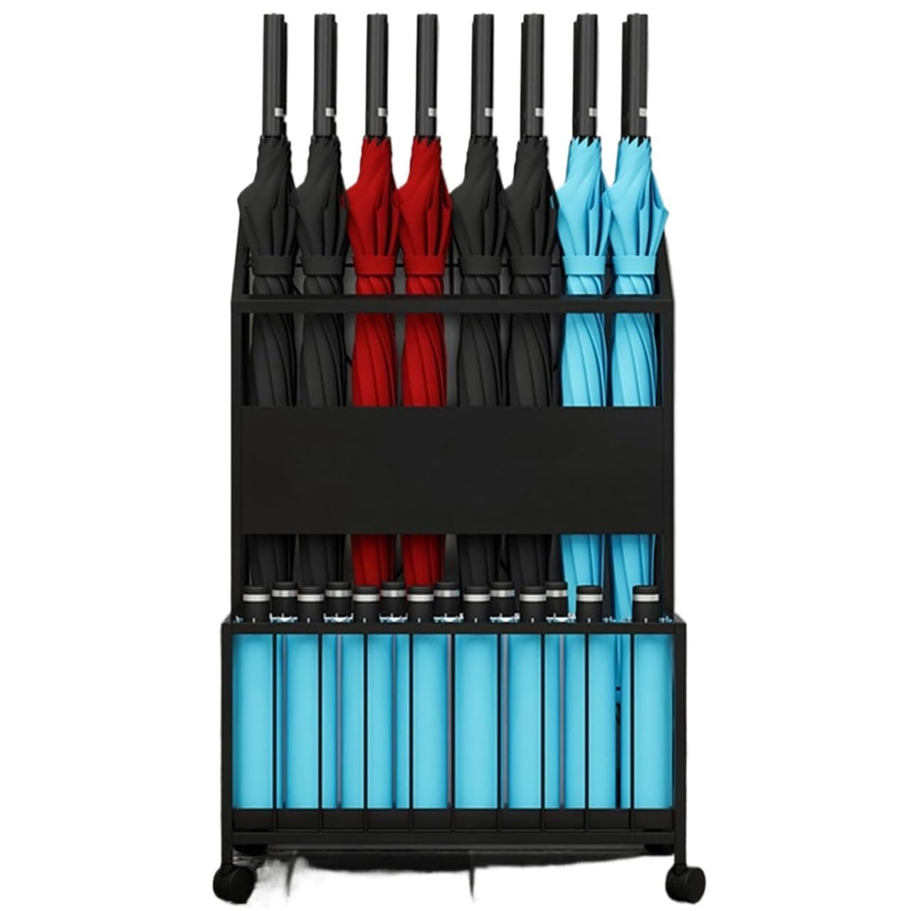 Portaombrelli in metallo, Portaombrelli in metallo a 2 livelli, vassoio raccogligocce for 25-35 ombrelli, ruote, nero/oro, misure(Black,48x27x63cm/19x11x25in)