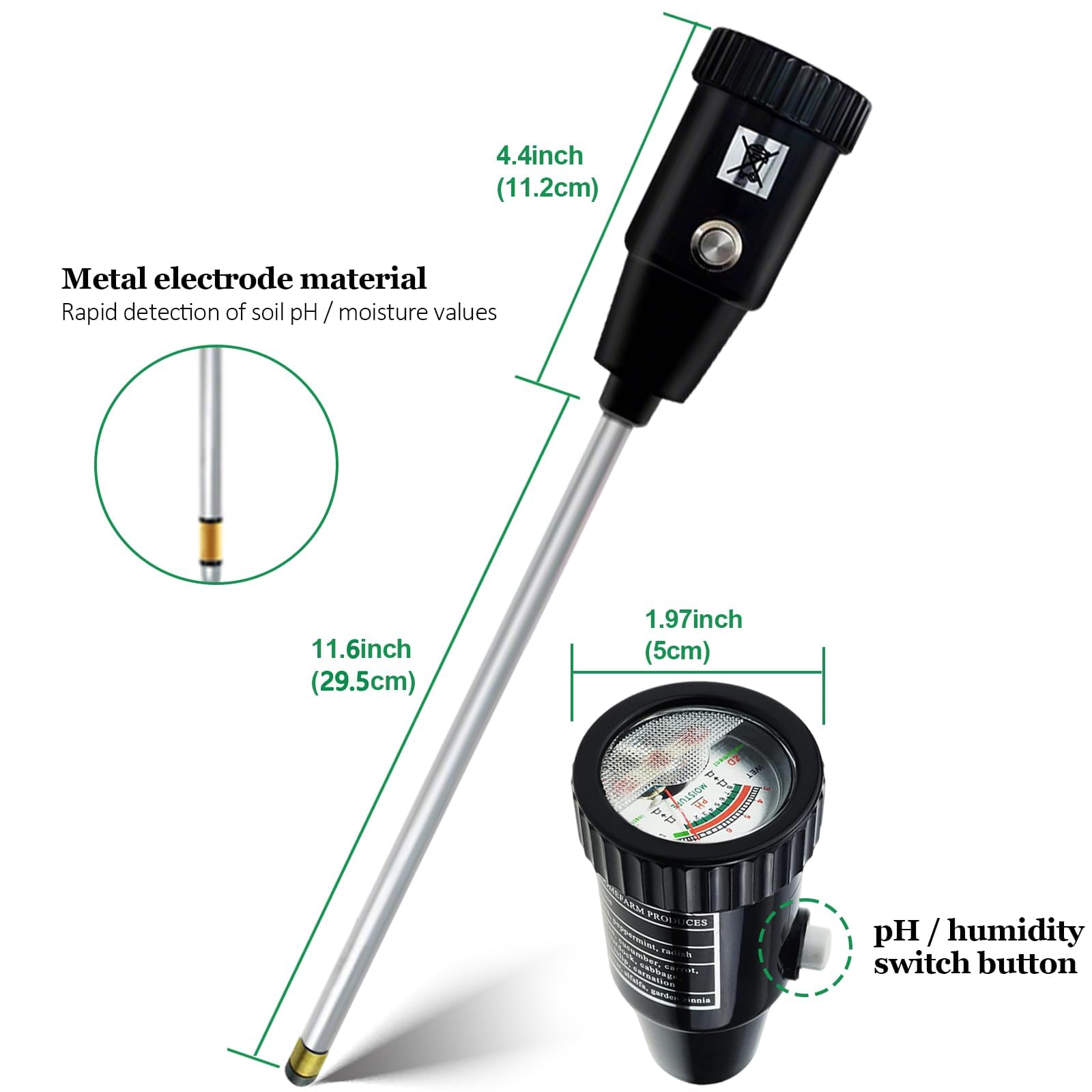 Medidor de suelo 2 en 1, sonda de 300 mm de largo, medidor de humedad del suelo/medidor de pH/medidor de humedad y pH del suelo, higrómetro probador de suelo para jardín, granja, césped, no