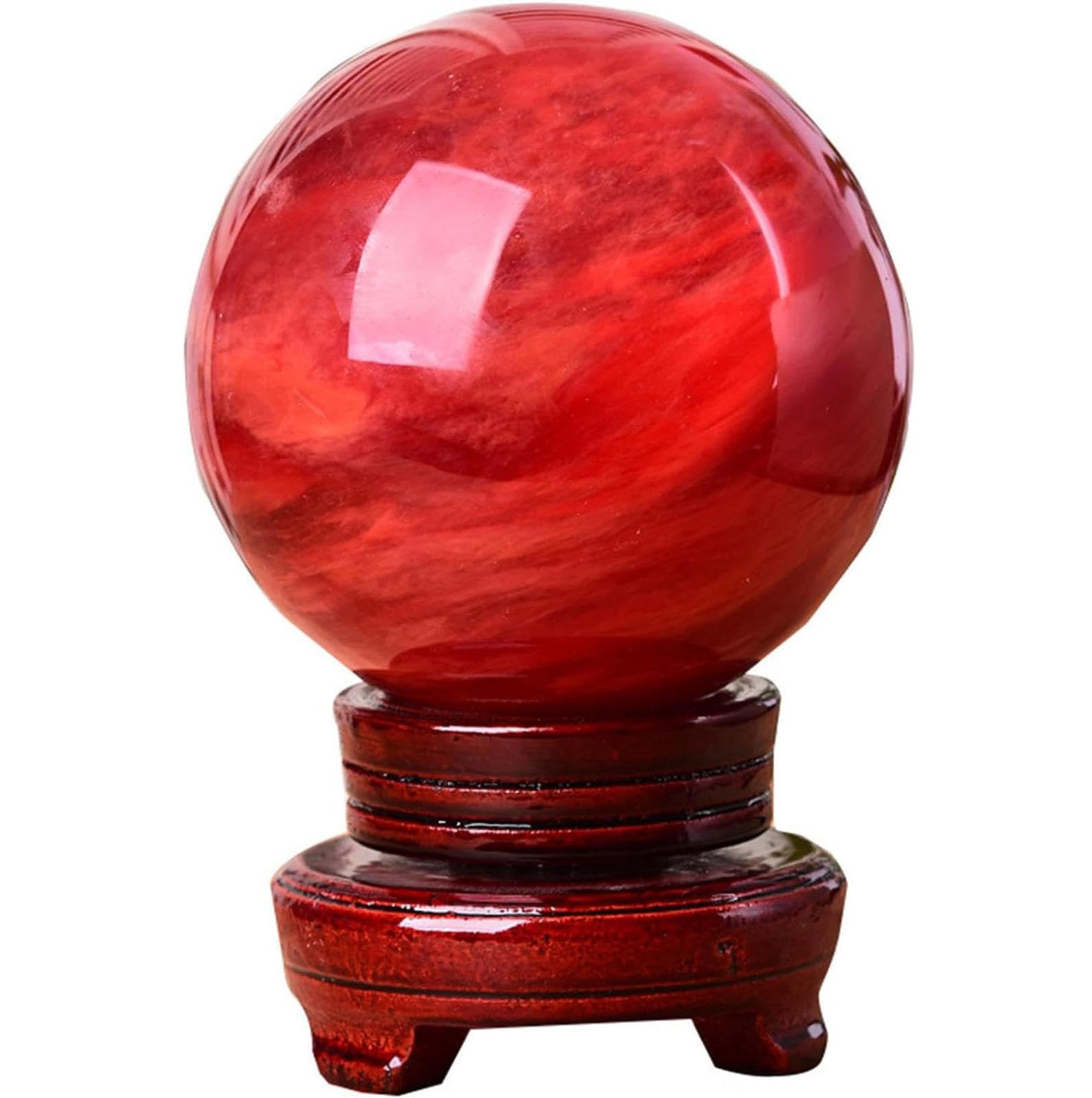 BHBHCPZGR Gemston Sphere Balls Red Crystal Ball Polished Divination Decorative with Wood Stand Witch Stones for Home Ornaments,140mm