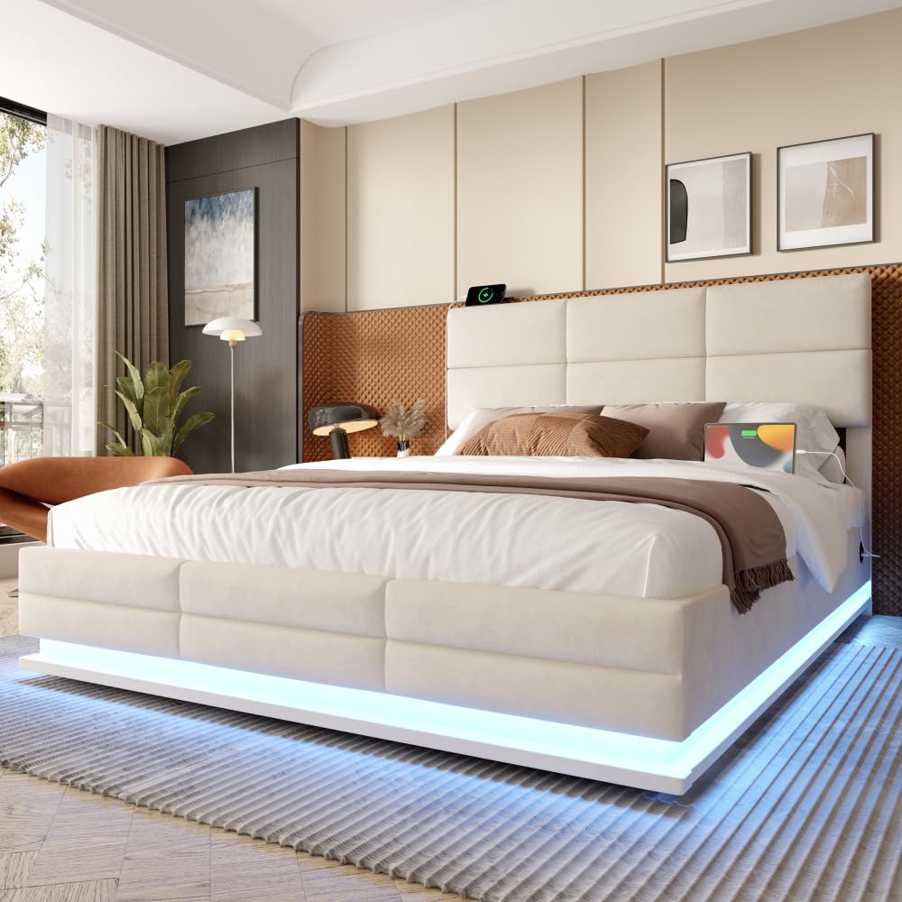 Lubvtti Cama acolchada con LED y puertos USB & TypeC, cama de matrimonio con contenedor hidráulico y cabecero regulable en altura, cama de matrimonio con canapé, terciopelo (beige, 160 x 200)