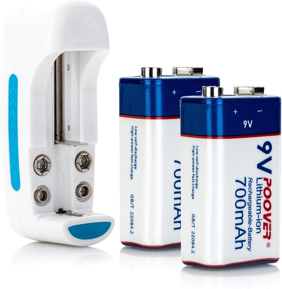 POOVER 9V Battery Rechargeable 700mAh High Volume Li-ion Batteries 2 Pack with 9v Universal Battery Charger