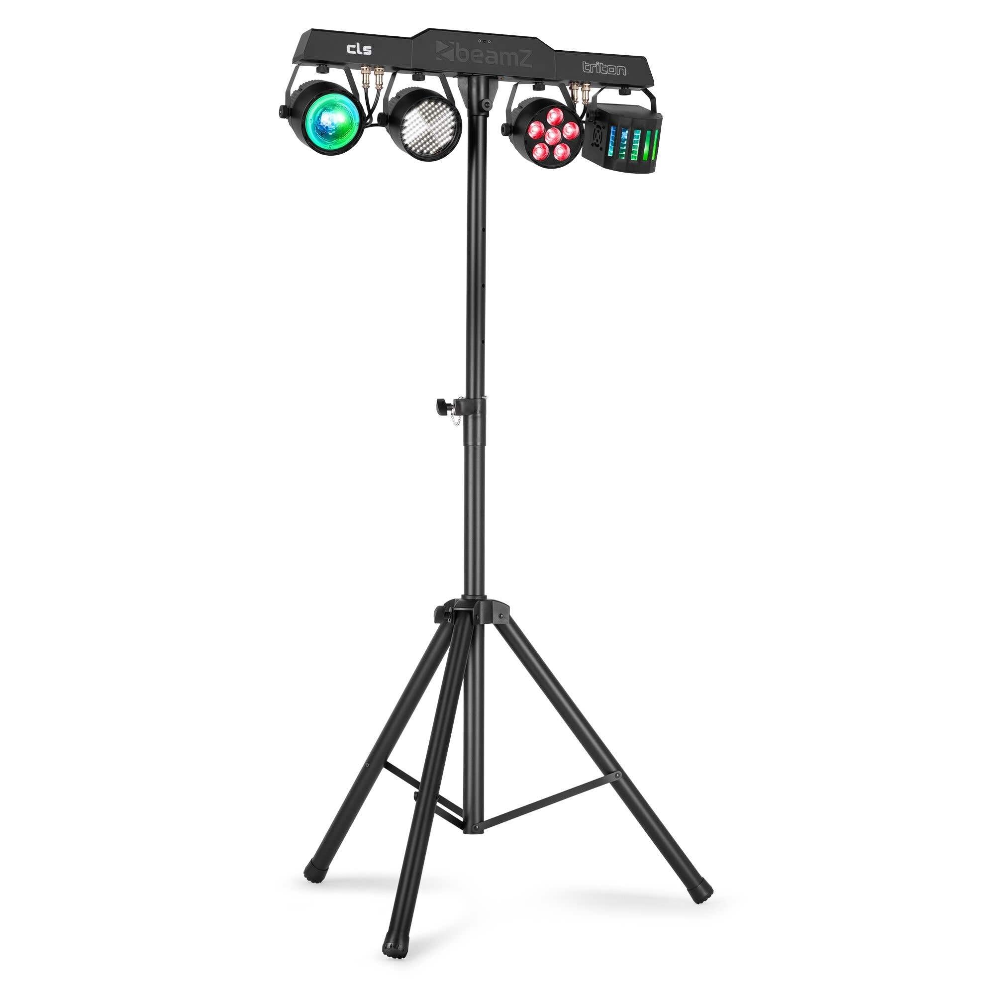 BeamZ CLS Triton Party Bar con par led rgbw, derby, luz estroboscopica y jelly moon, barra led dj con tripode, dmx 512, luces discoteca para casa, luces dj y luces escenario