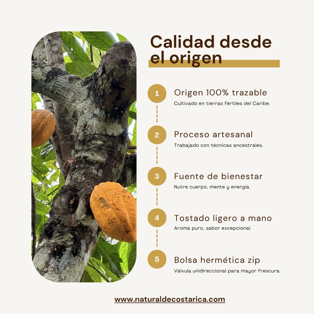 Nibs de cacao 100% cacao puro gourmet artesanal natural sin azúcar origen Caribe Bribri Costa Rica micro-lotes secado al sol y tostado con leña bolsa hermética con válvula