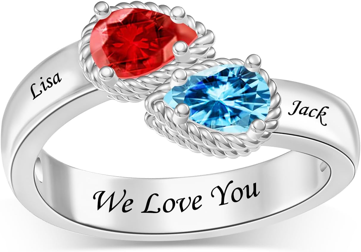 Personalized Birthstone Ring for Women 925 Sterling Silver Promise Ring with 2-5 Cubic Zirconia Stones Mother Rings with Engraved Names Christmas Jewelry Gifts for Women Mom Grandma Daughter Wife