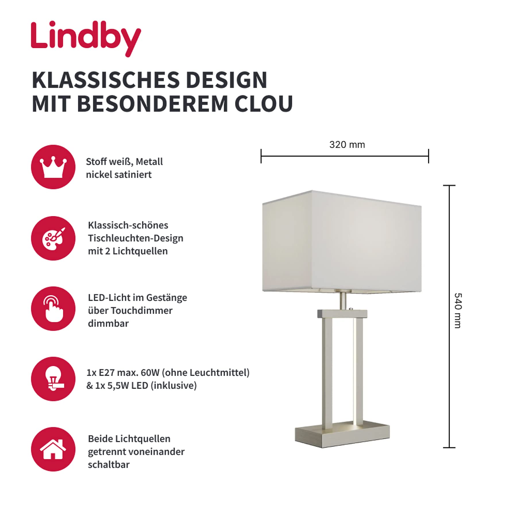 Lindby LED Tischlampe dimmbar, Tischleuchte Stoffschirm weiß Nachttischlampe 2 Lichtquellen Schlafzimmerlampe Wohnzimmerlampe Nachttischleuchte