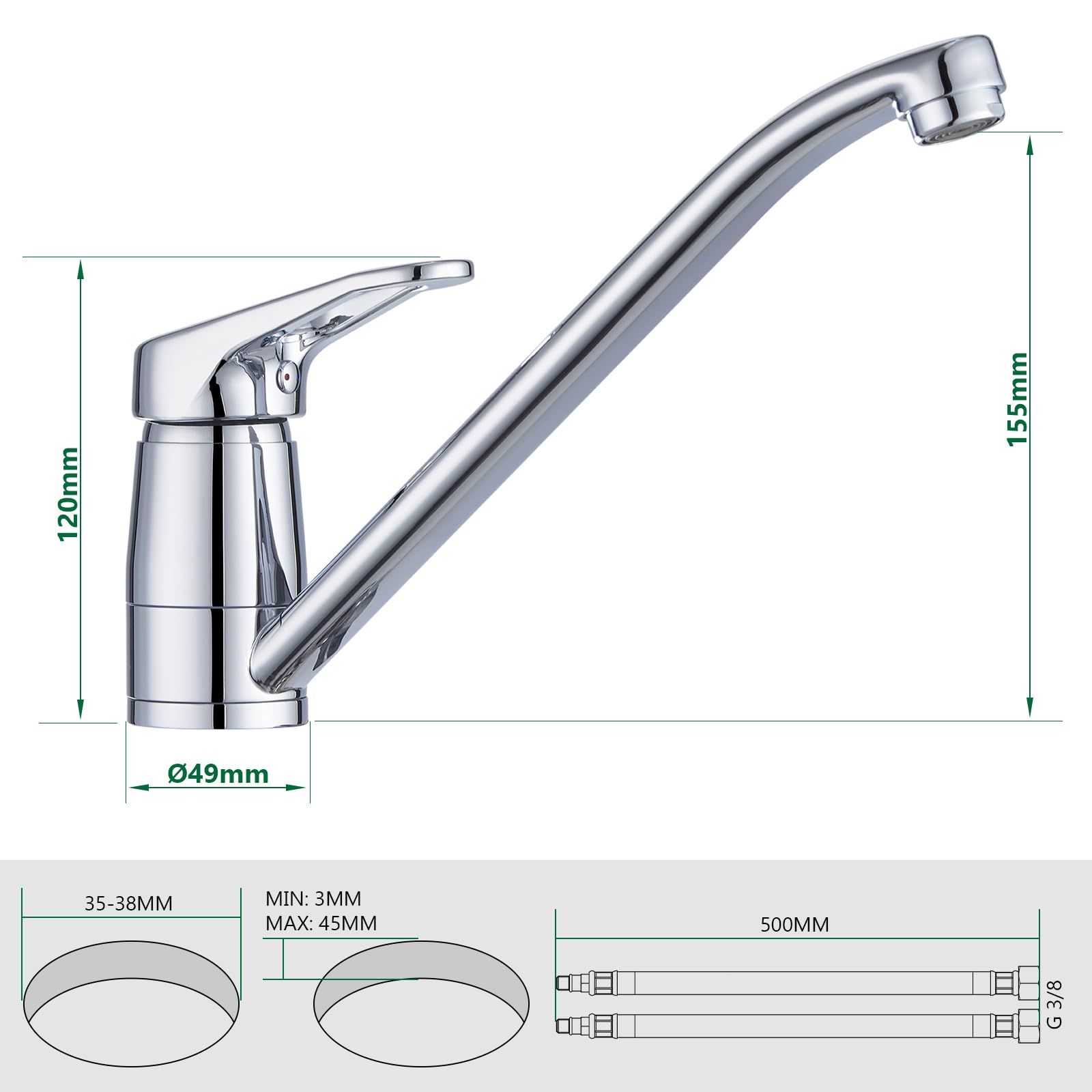 Grifo de Cocina 360° Giratorio, Grifo de Alta Presión con Cartucho Cerámico, Mezclador Monomando para Fregadero, Fácil Instalación y Mangueras de Agua Caliente/Fría de 50 cm, Cromo