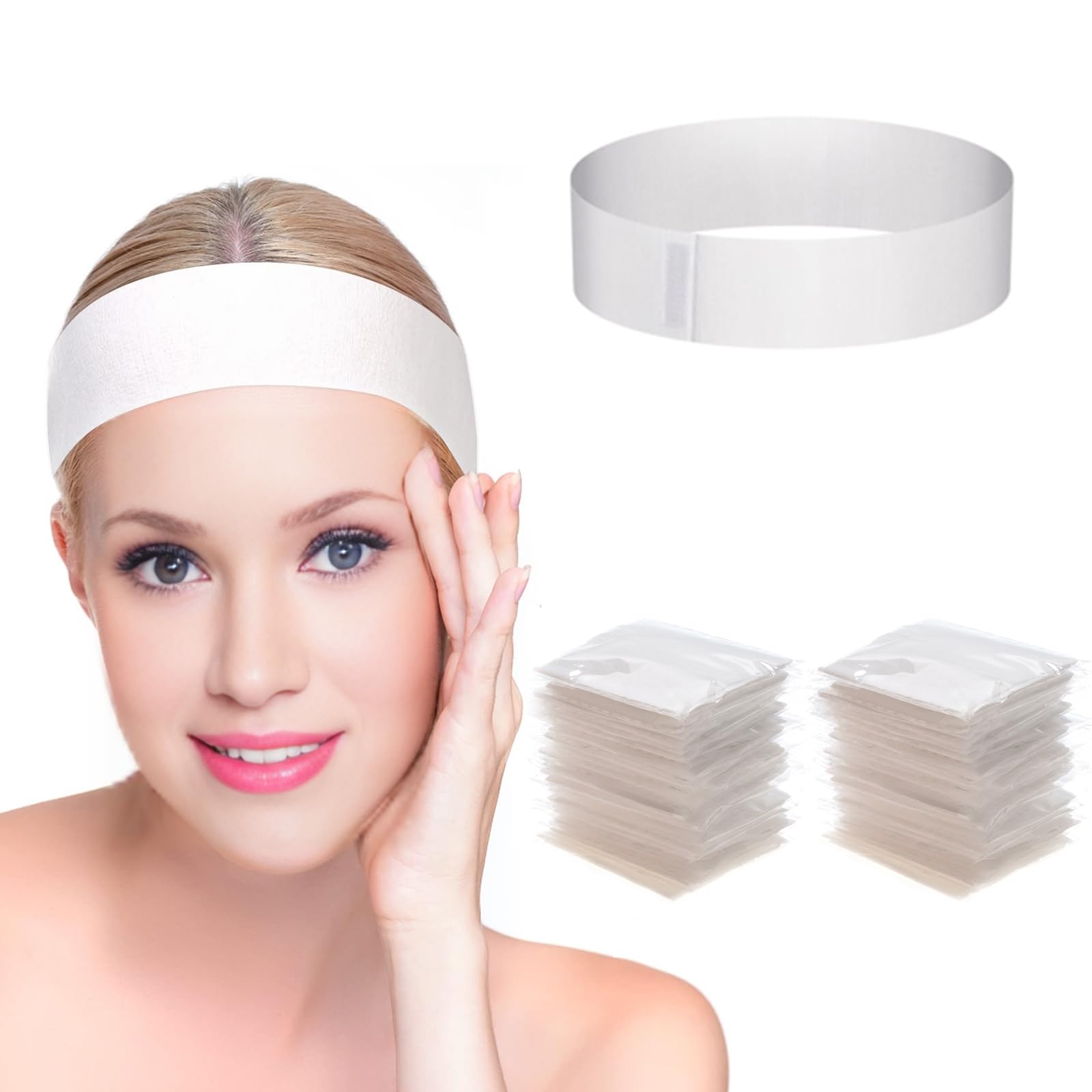 BERRYLION 50pcs Disposable Spa Facial Headbands, Stretch Non-Woven, Elastic Hair Wraps with Adjustable Magic Tape