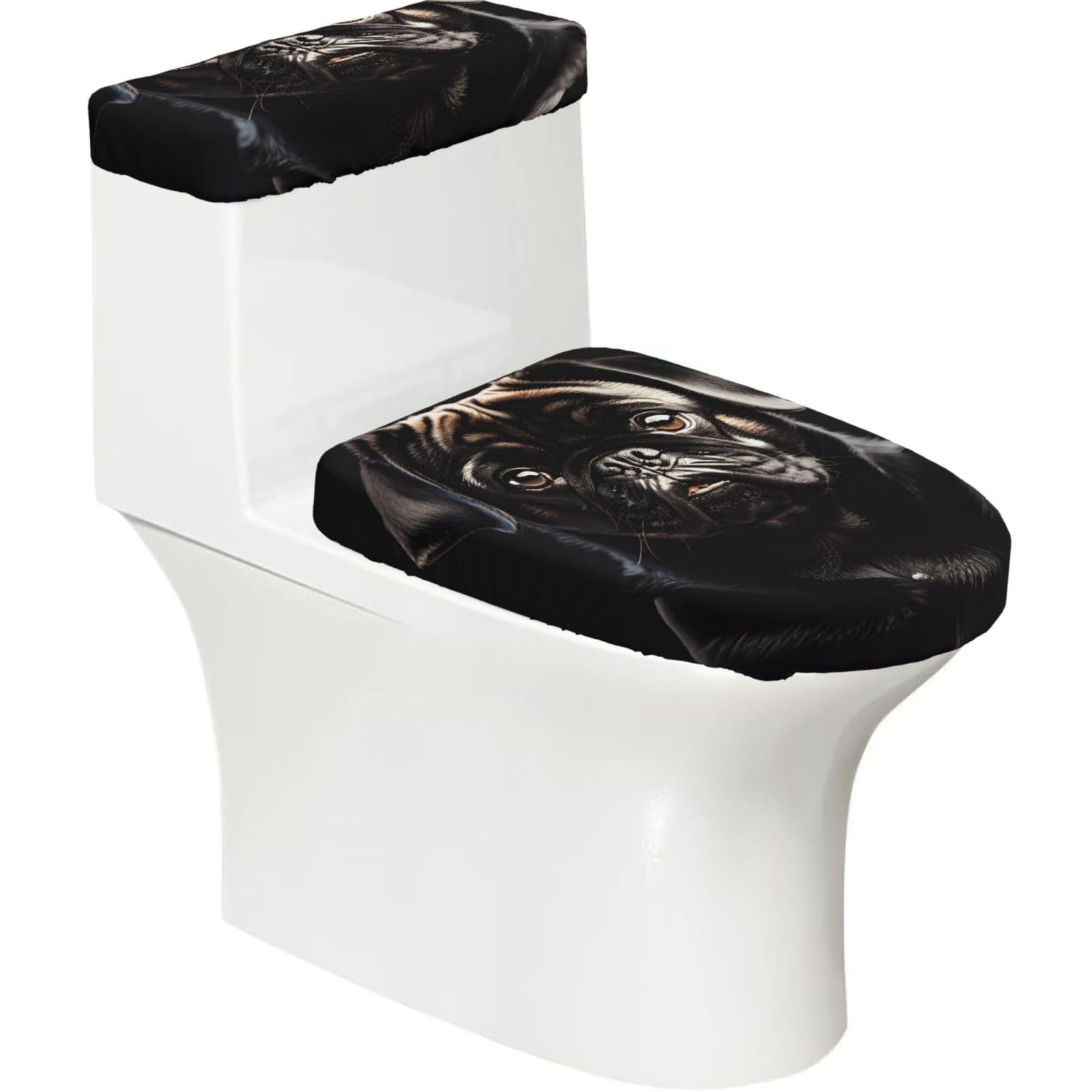 Edwal Black Cute Pug Dog Print 2 Pcs Elastic Toilet Seat Covers Set Washable Toilet Lid Cover Toilet Tank Cover For Bathroom