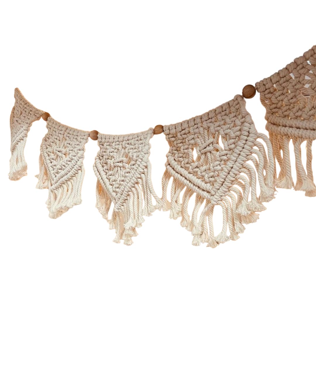 Makramee Wimpelkette Camping - Girlande - Vintage Boho Deko - für Camper WoMo - Vanlife - Hochzeit, Geschenk- Knotenliebe - Boho Wandbehang (7 Wimpel Nicht Ausgebürstet, Weiß)