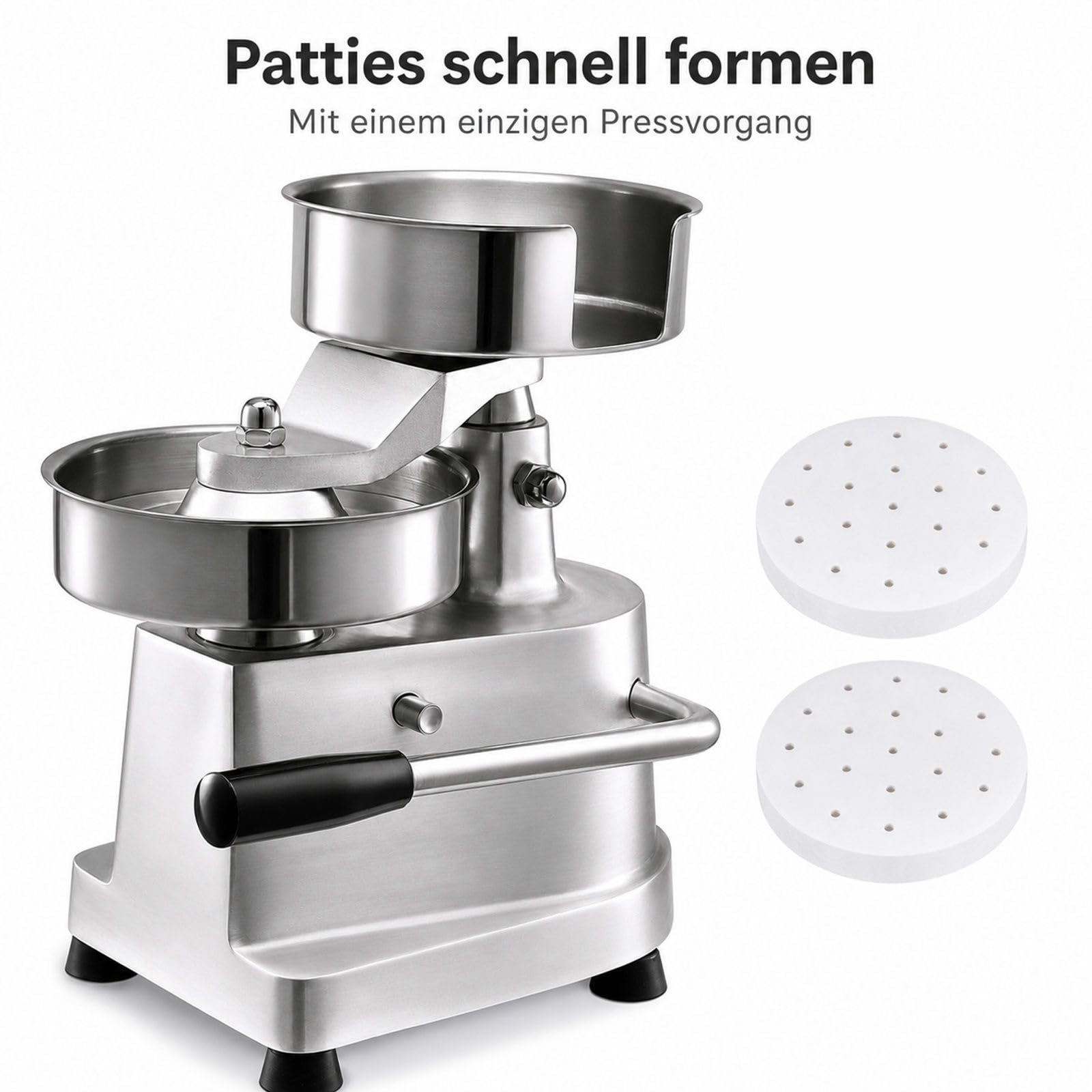 Manuelle Burgerpresse aus Edelstahl mit Griff, Patty-Papier und Handschuhen für Küche, Grillen und Picknick