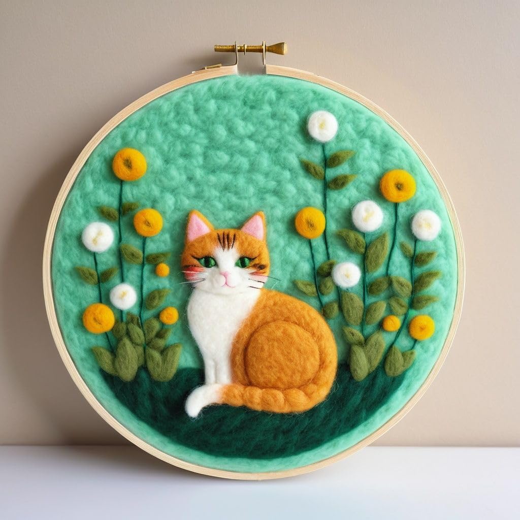 yesJRL Needle Felting Kits Beginners, Cat Pattern DIY Wool Needle Felting Starter Kit, Easy Needle Felt Set with Picture Frame, Foam Pad, Felt Cloth and Instructions for Home Decoration (Orange Cat)