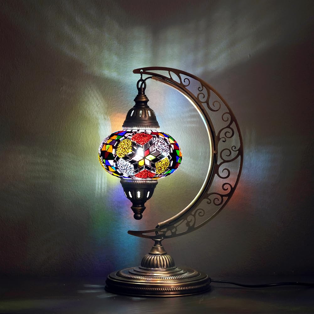 Turkish Moon Lamp, Mosaic Moroccan Table Lighting, Standing Turkish Lamp, Decor Home Floor Lighting Accessory, Total Dim. 7.5 x 11 x 18 inches (Wildflower)