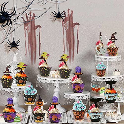 Memovan 24 Sets Halloween Cupcake Toppers Wrappers, Horror Cupcake Decorations With Bloodstain Cake Knife Pumpkin Ghost Witch Hat Bat Halloween Cake Decorations For Halloween Themed Party Supplies #TOP5
