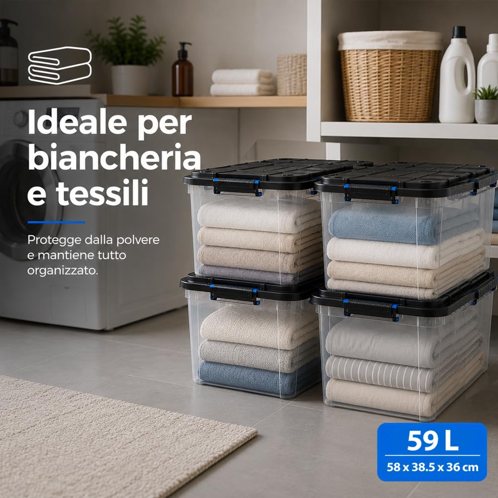 BAKAJI Set 4 Pezzi Contenitori con Coperchio e Ruote, Storage Box per Archiviazione Multiuso Giocattoli, Vestiti, Attrezzi, Accessori, Organizer Capiente e Robusto, Portaoggetti Stoccaggio