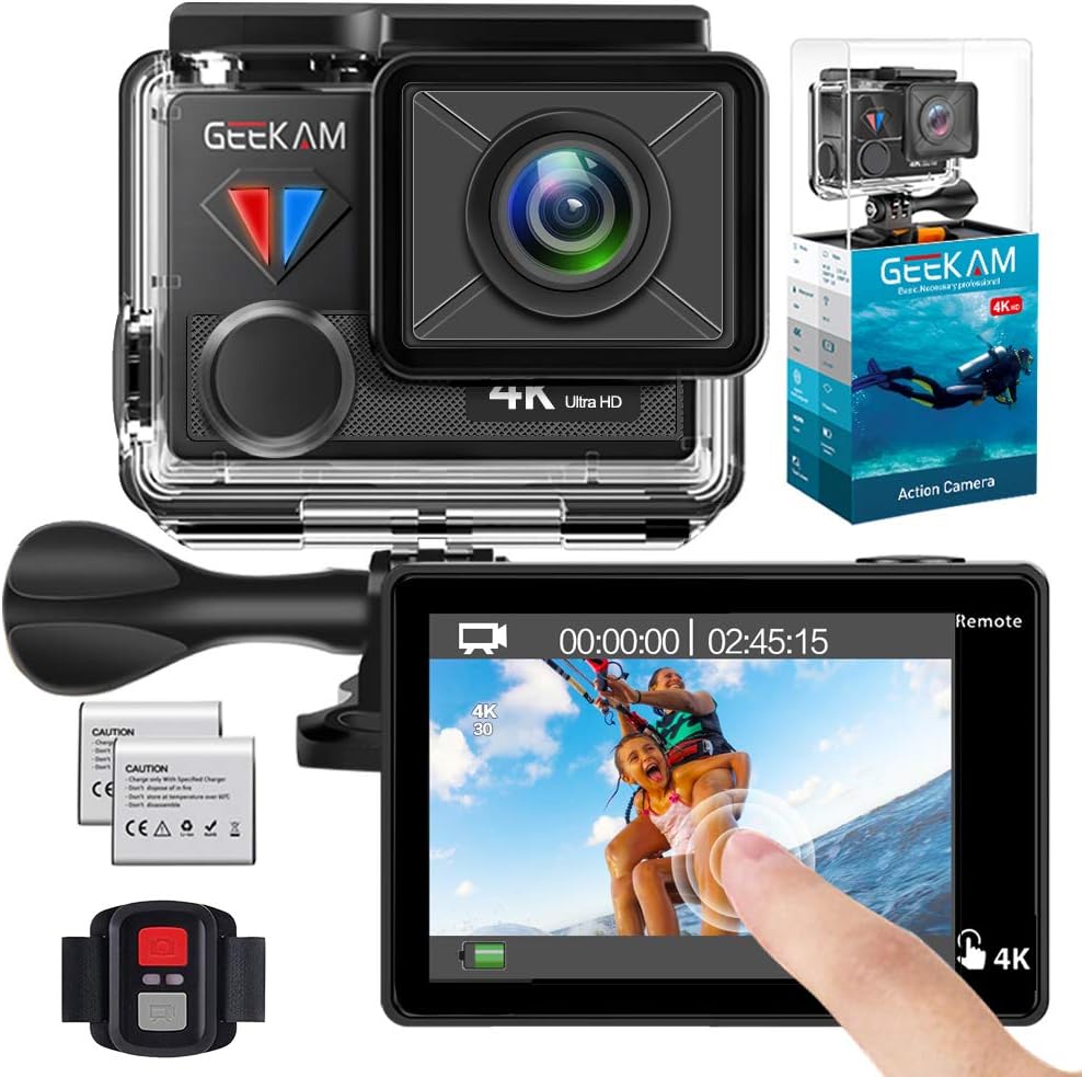 GeeKam T1 Waterproof Digital Action Camera with Touch Screen 4K/30fps HD Video 20MP Photos Live Streaming Remote Control Sports Camera with Helmet Accessories Kit